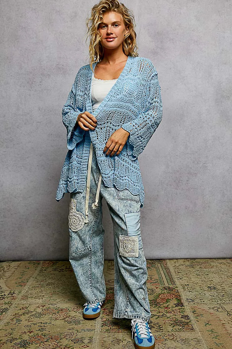 Openwork Lightweight Open Front Cardigan with Scalloped Edge