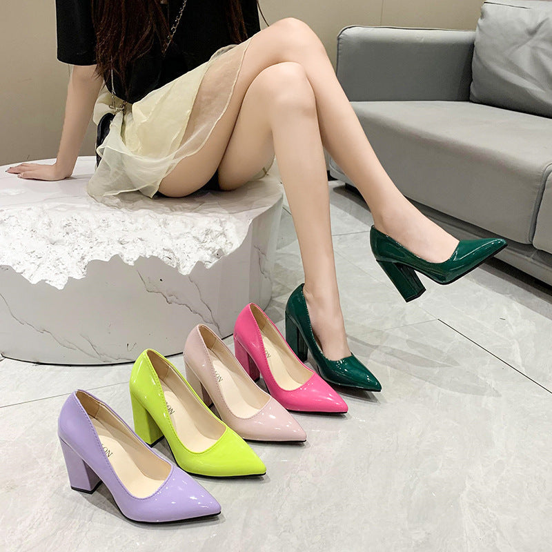 Women's Pointed-Toe Chunky Heel Pumps - Slip-On Block Heel Shoes