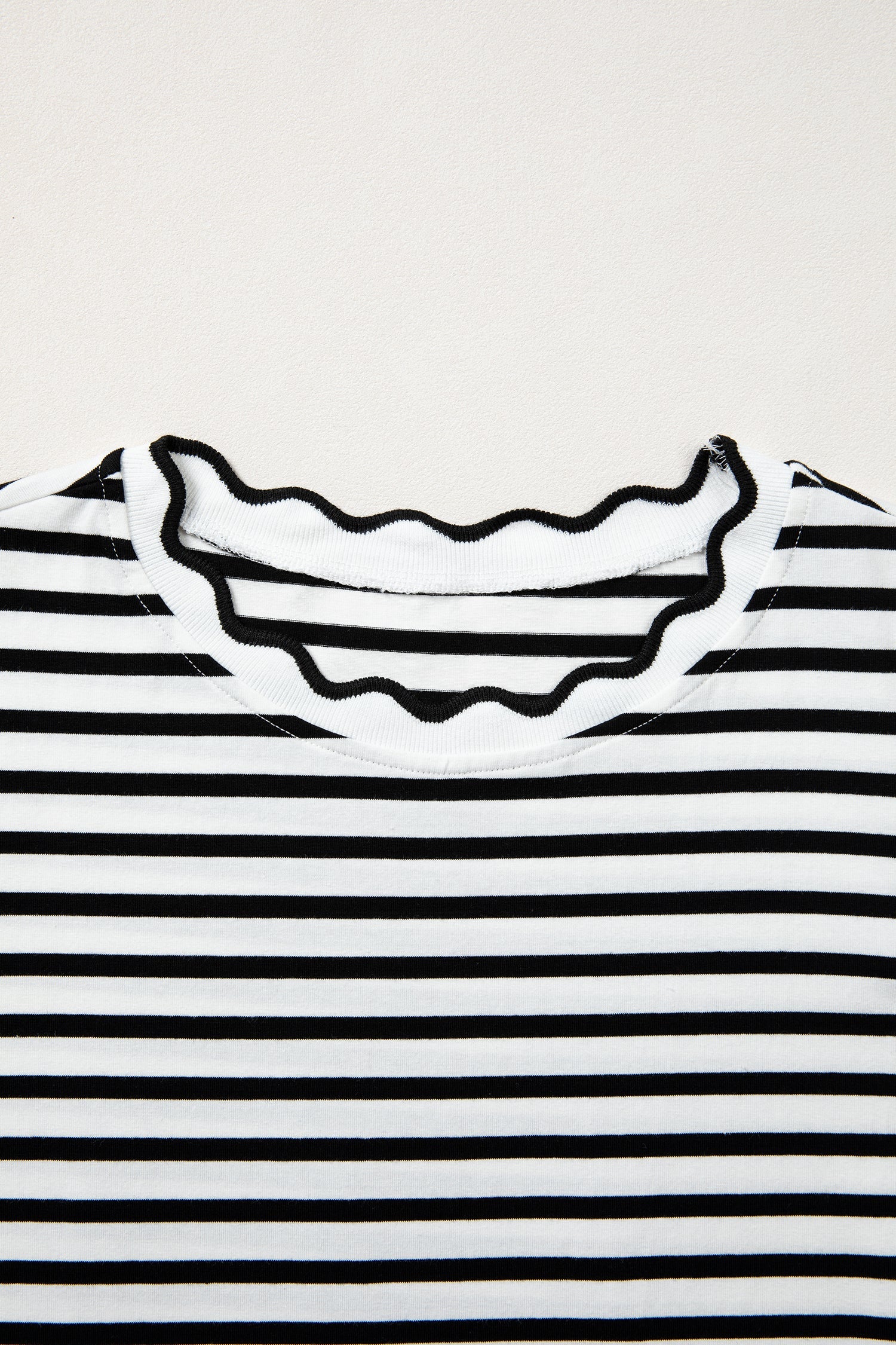 Black Stripe Scalloped Trim Round Neck T Shirt