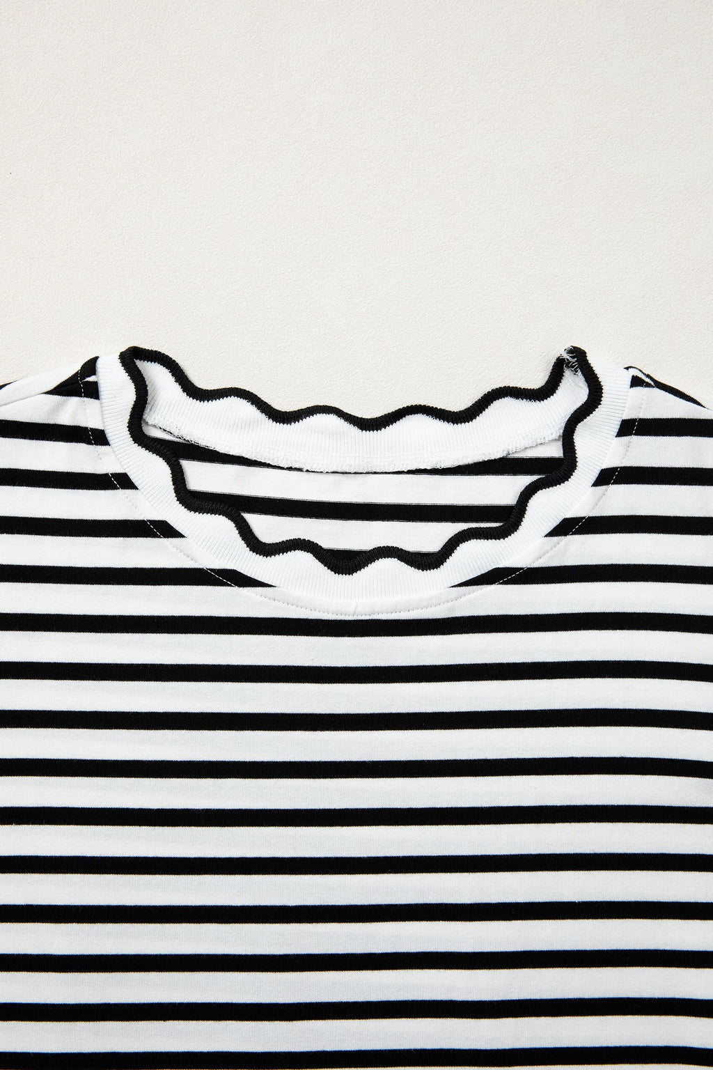 Black Stripe Scalloped Trim Round Neck T Shirt