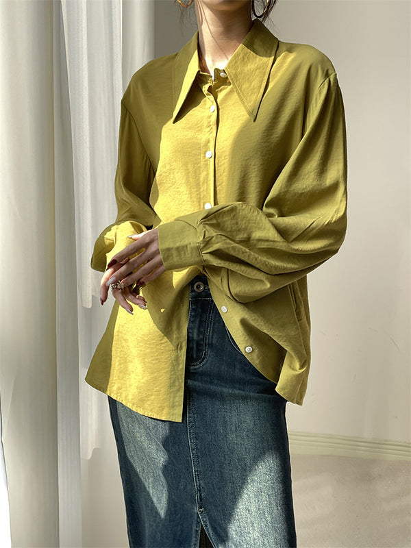 Loose Puff Sleeves Pleated Split-Joint Sun Protection Lapel Blouses