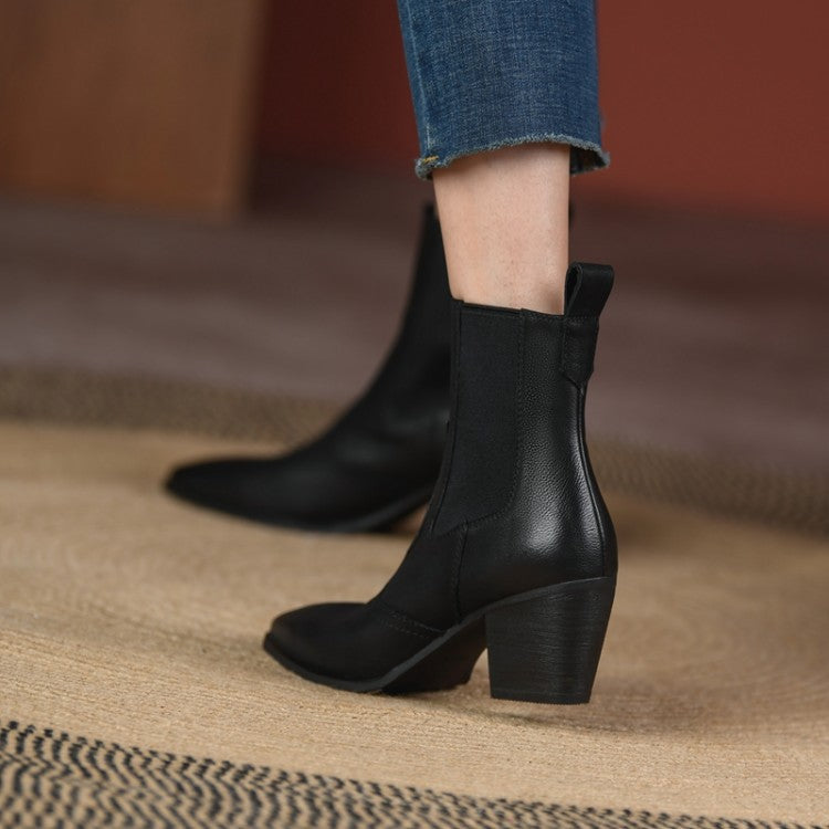 Women's Retro Pointed-Toe Ankle Boots with Elastic Band and Chunky Heel