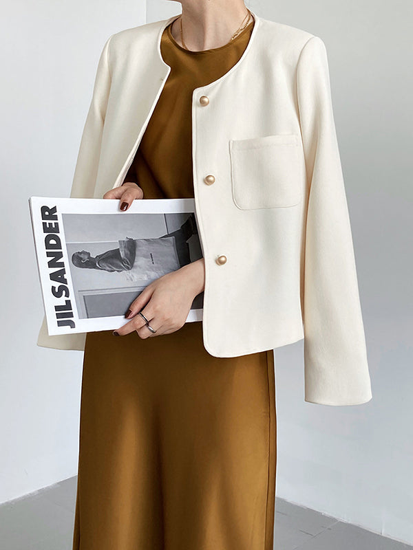 Original Creation Long Sleeves Loose Buttoned Solid Color Round-Neck Outerwear