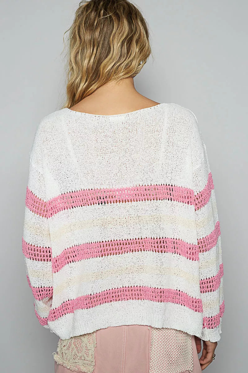 Striped Openwork Round Neck Knit Top
