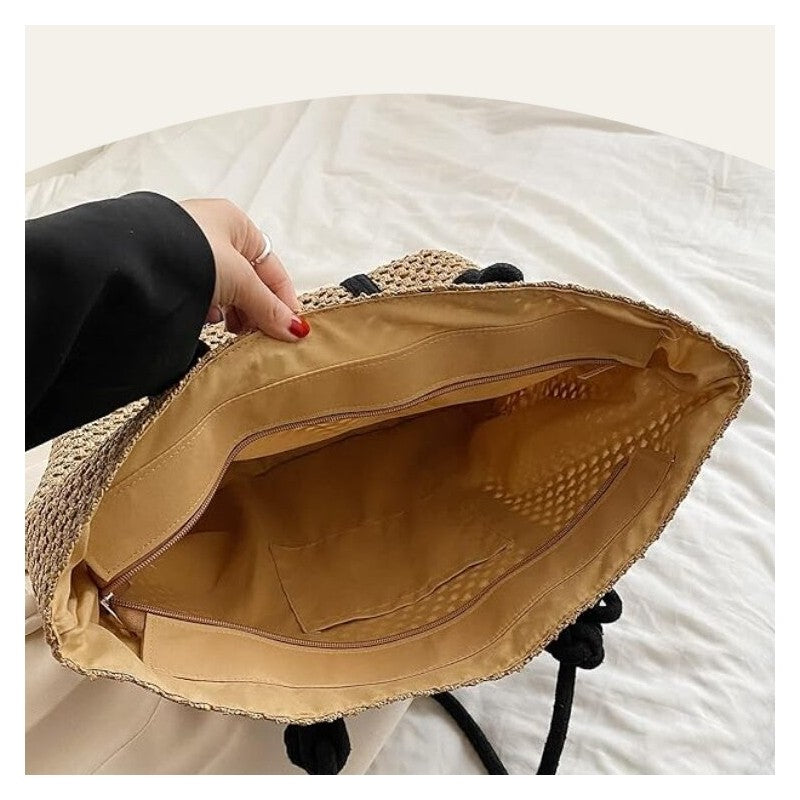 Single Shoulder Beach Bag with Stylish Solid Color Straw Weave