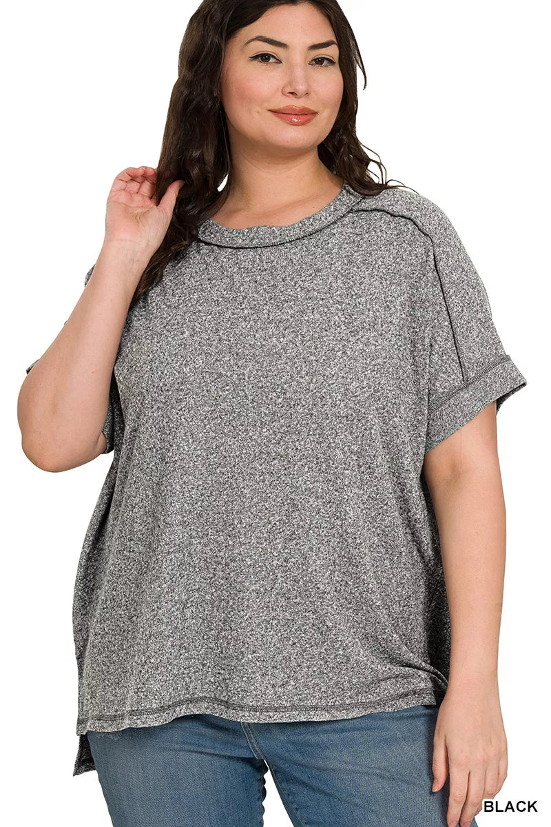 Full Size Soft Melange Hacci Short Sleeve Hi-low Tee Plus Size