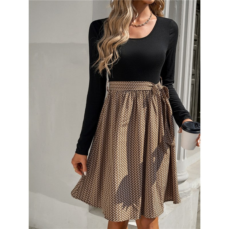 Long Sleeve Crewneck Waist Tied Patchwork A-Line Dress