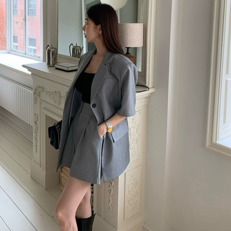 Single-Breasted Suit Shorts Set in Solid Color