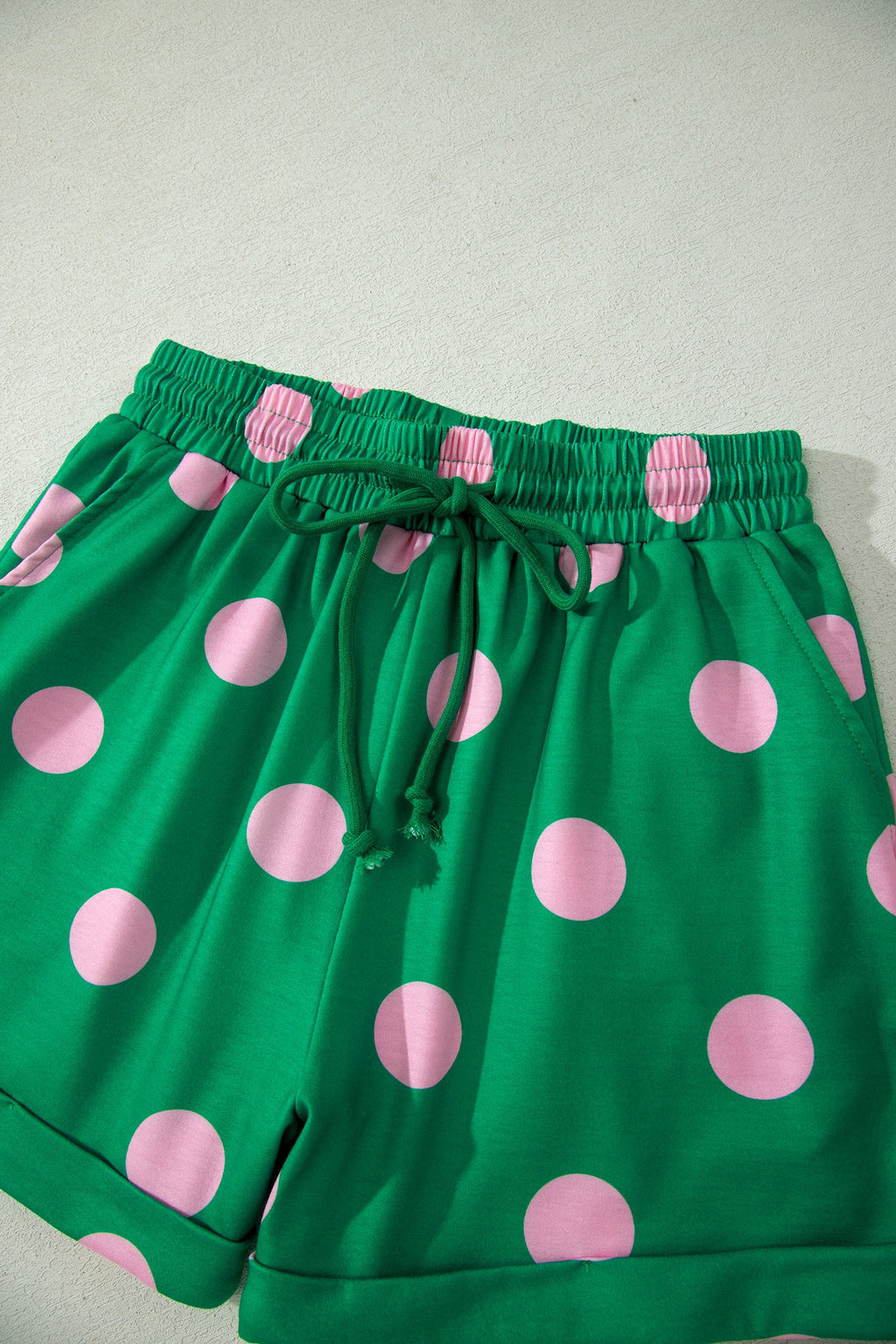 Green Polka Dot Print V Neck Tee Short Set
