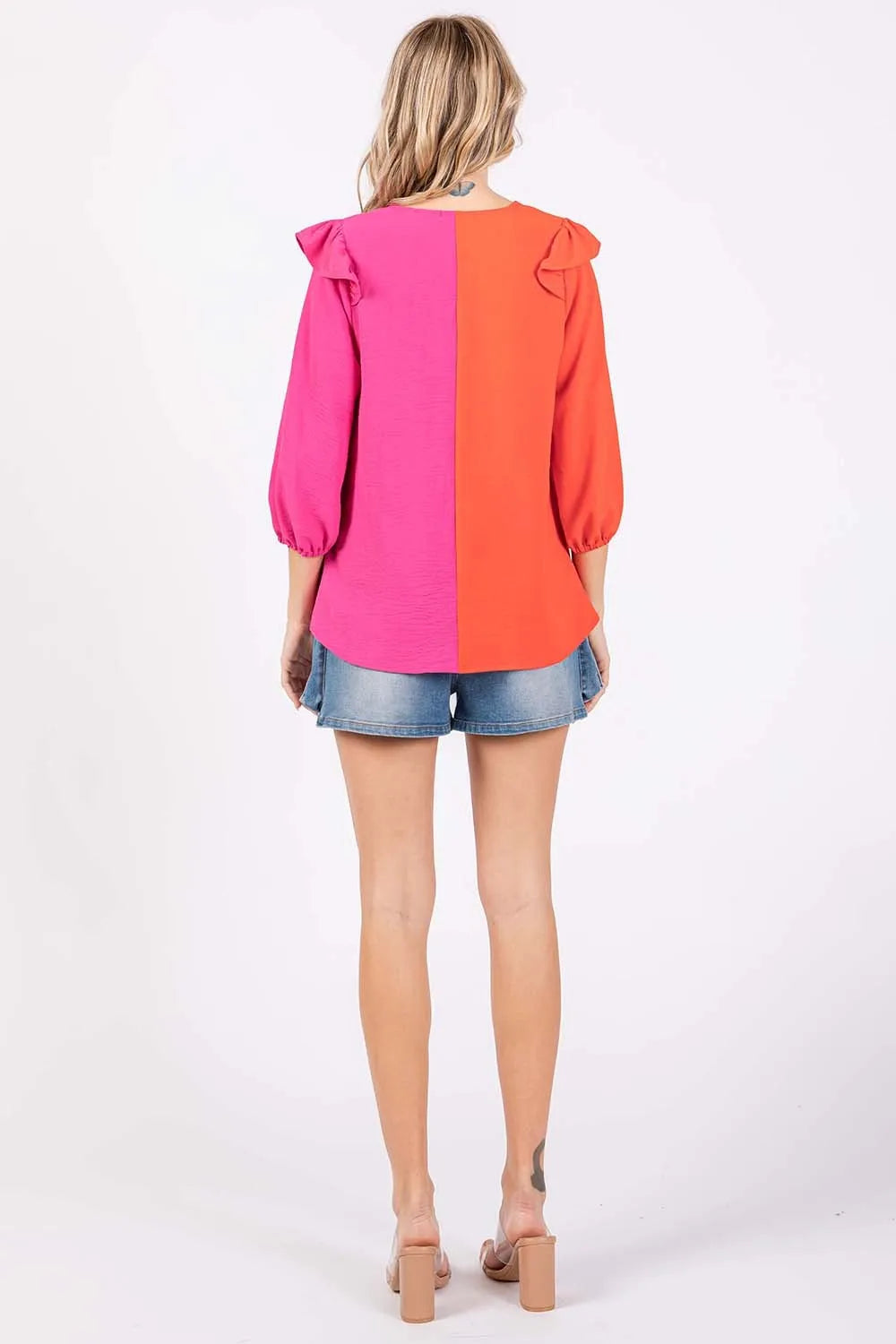 Full Size Ruffle Trim Contrast Blouse