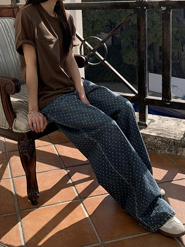 Loose Wide Leg Polka-Dot Split-Joint Jean Pants Bottoms