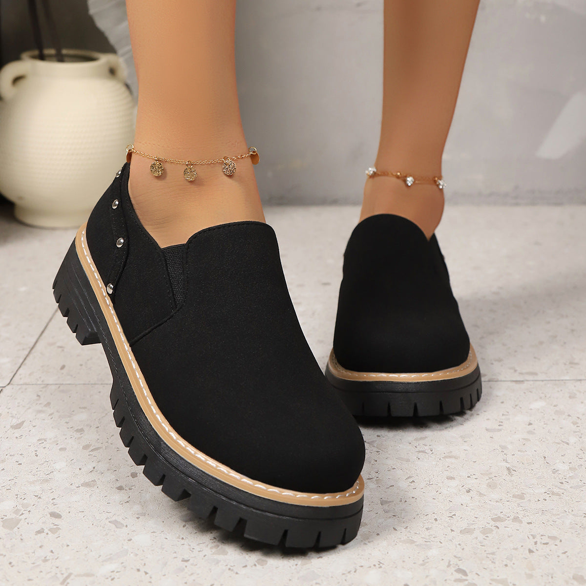 Women's Rivet Slip-On Chunky Heel Casual Shoes – PU Leather Low-Top British Style
