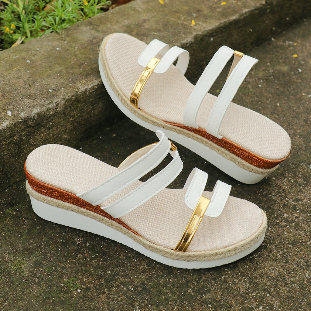 Women's Colorblock Wedge Sandals | Hemp Heel Platform Slides - Open Toe Summer Shoes