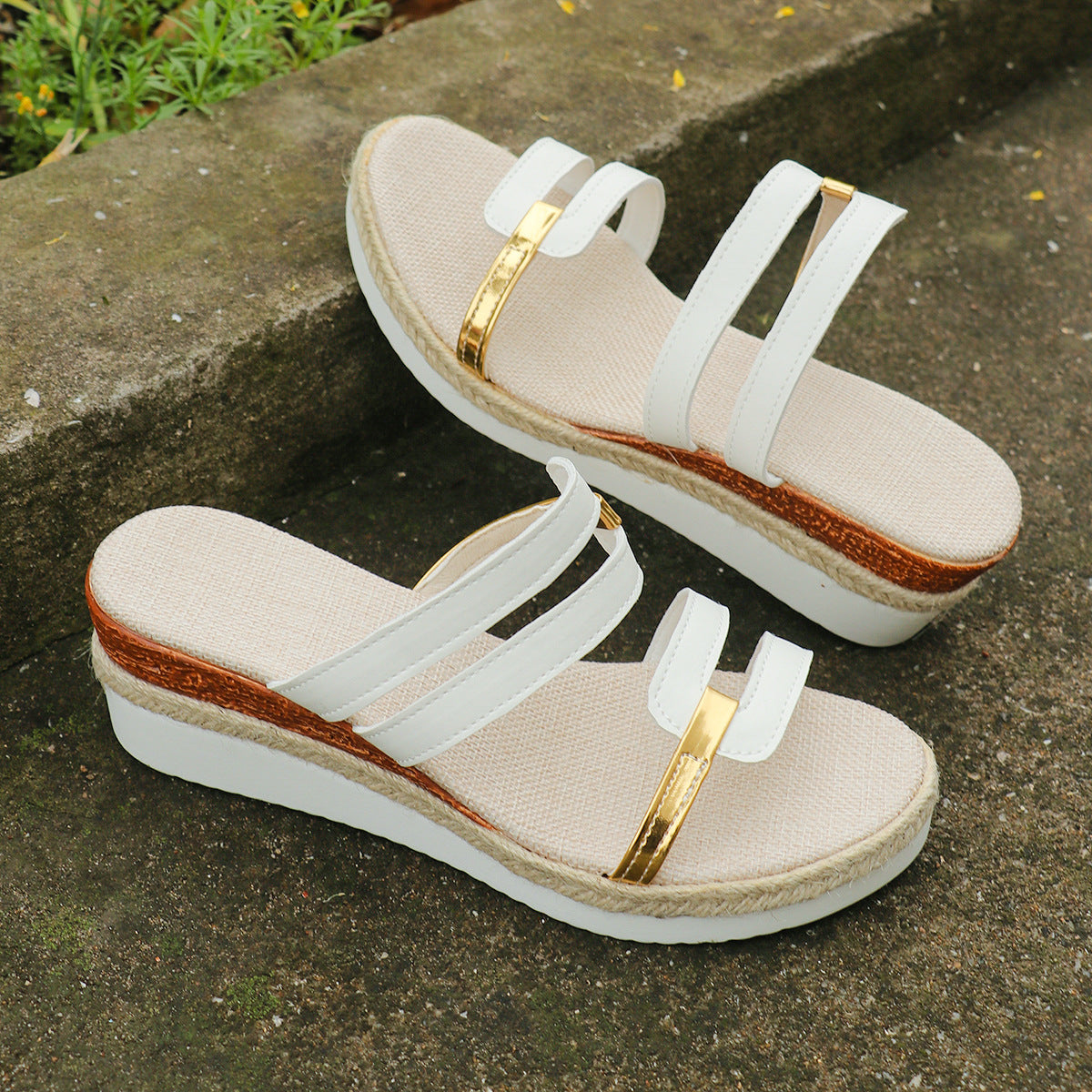Women's Colorblock Wedge Sandals | Hemp Heel Platform Slides - Open Toe Summer Shoes