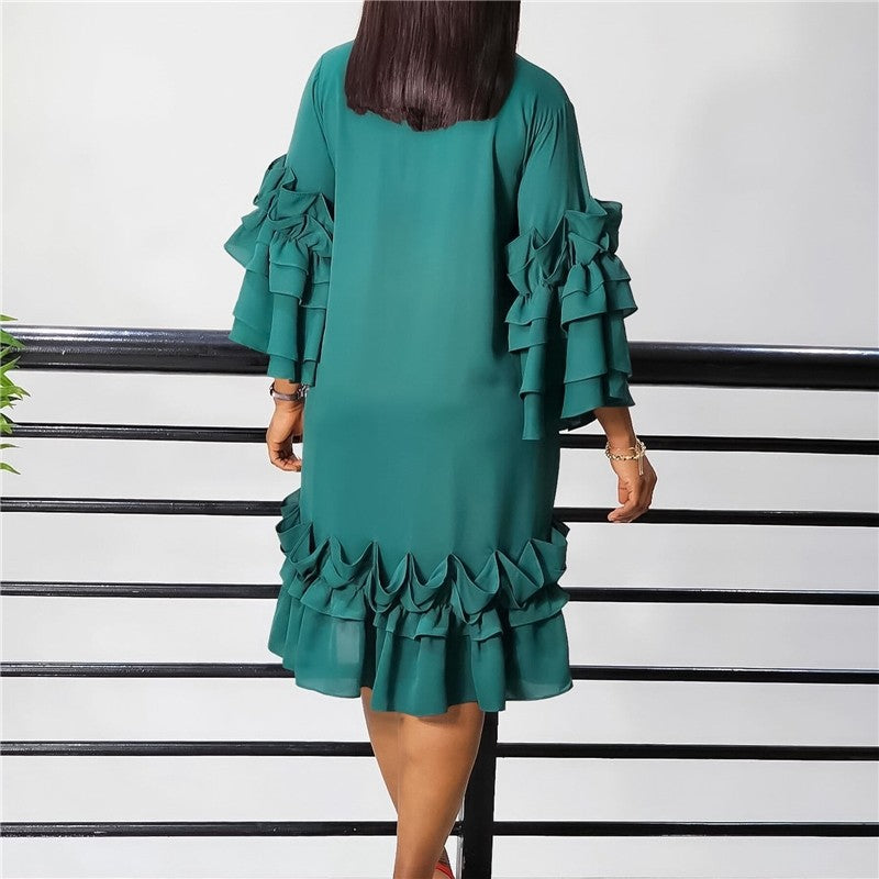 Stylish Ruffle Hem Trumpet Sleeve Dress