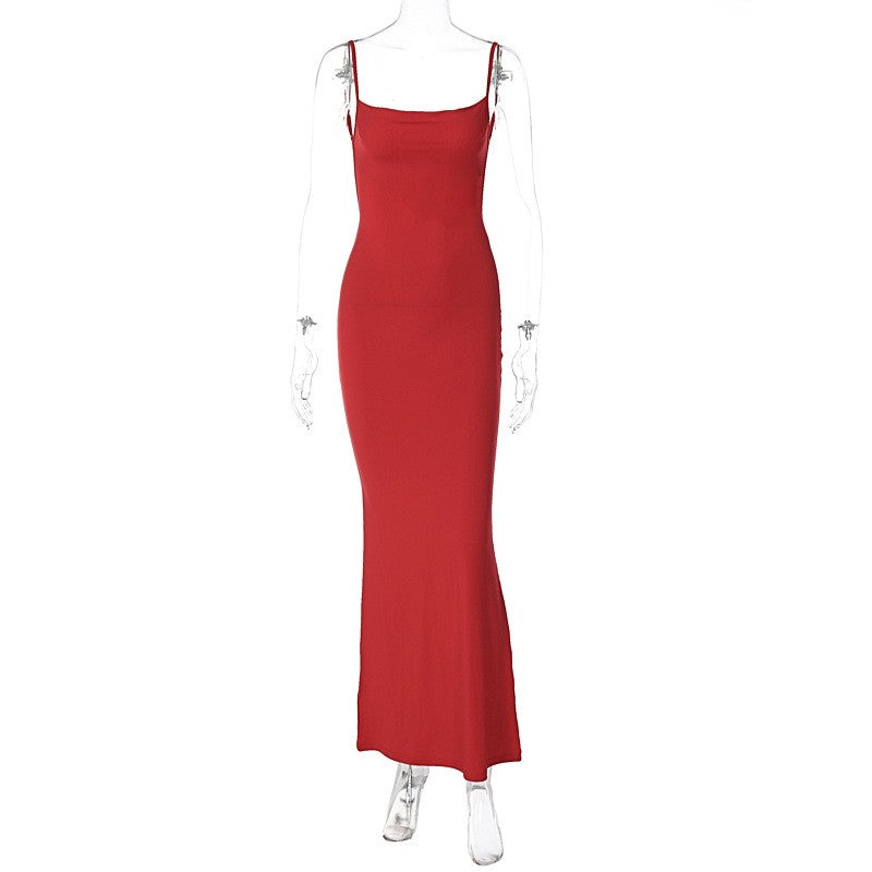 Solid Color Backless Spaghetti Strap Dress