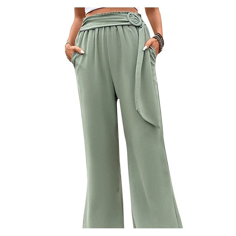 Green Linen Wide-Leg Pants with Adjustable Belt