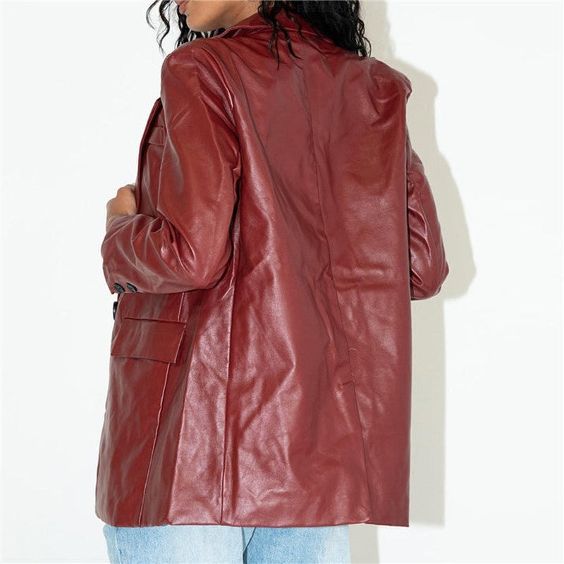 Solid Color Medium Length Leather Jacket