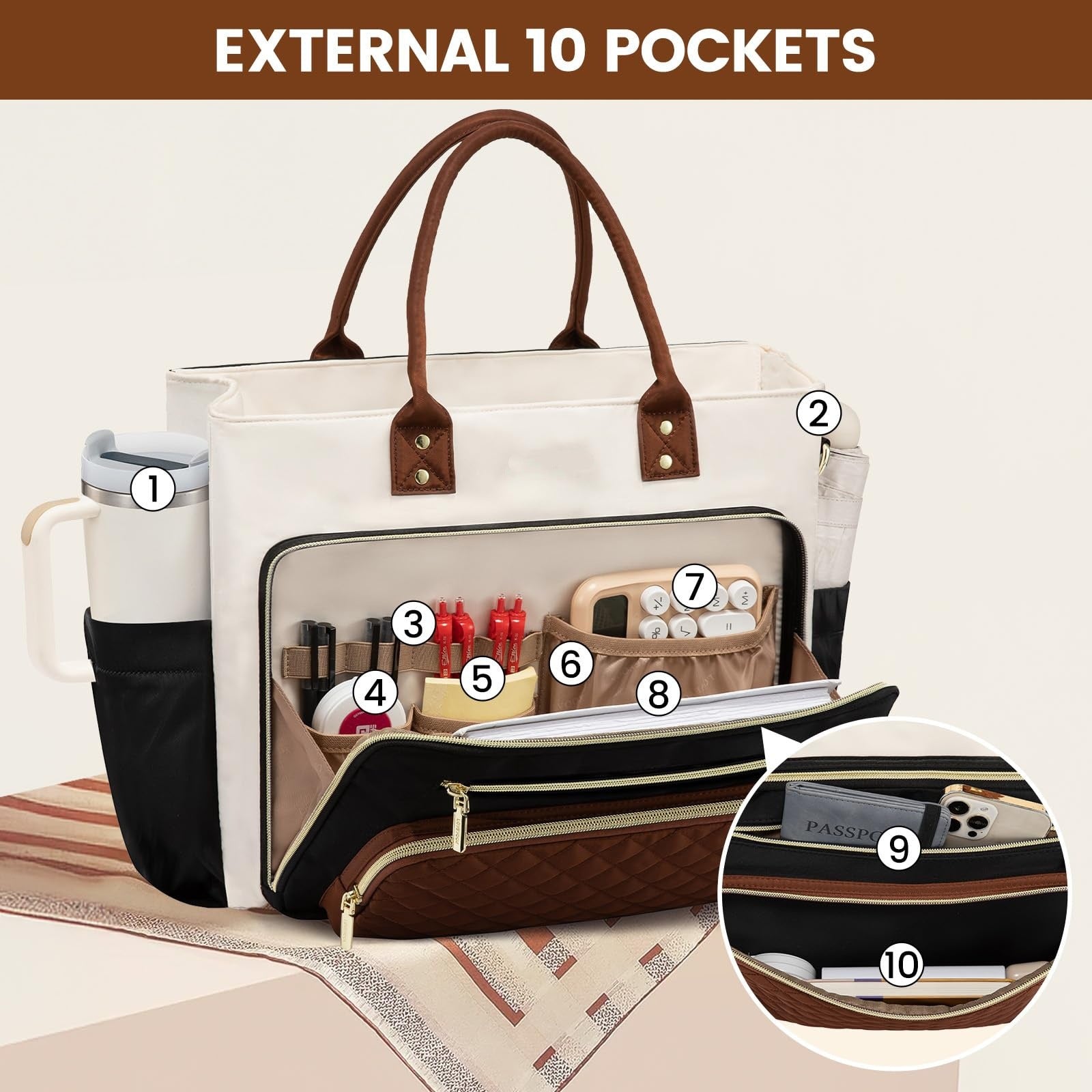 Women's Travel Work Bag with Large Cup Holder - Expandable Lightweight Tote