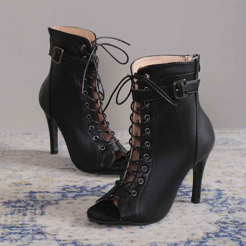 Women's Peep Toe High Heel Sandals - Lace-Up Buckle & Back Zipper Party Pumps
