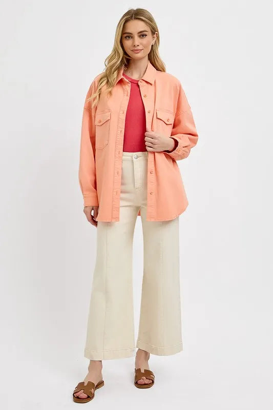 Full Size Button Down Long Sleeve Denim Shacket with Chest Pockets Plus Size