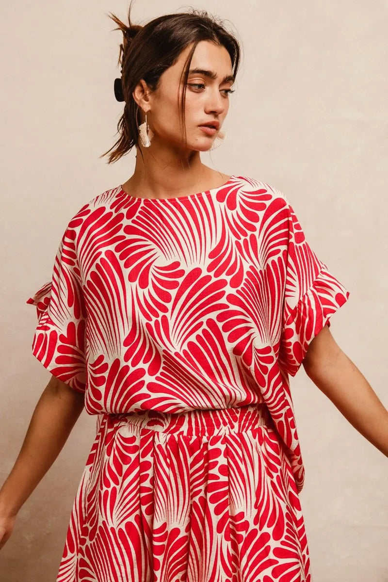 Print Woven Ruffled Sleeves Top