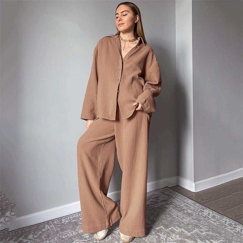 Solid Color Long Sleeve Lapel Buttoned Blouse and Pants Two-piece Lounge Set