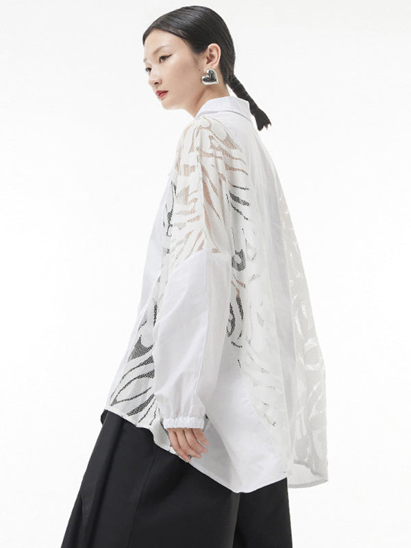 Urban See-Through Lace Split-Joint Lapel Blouse