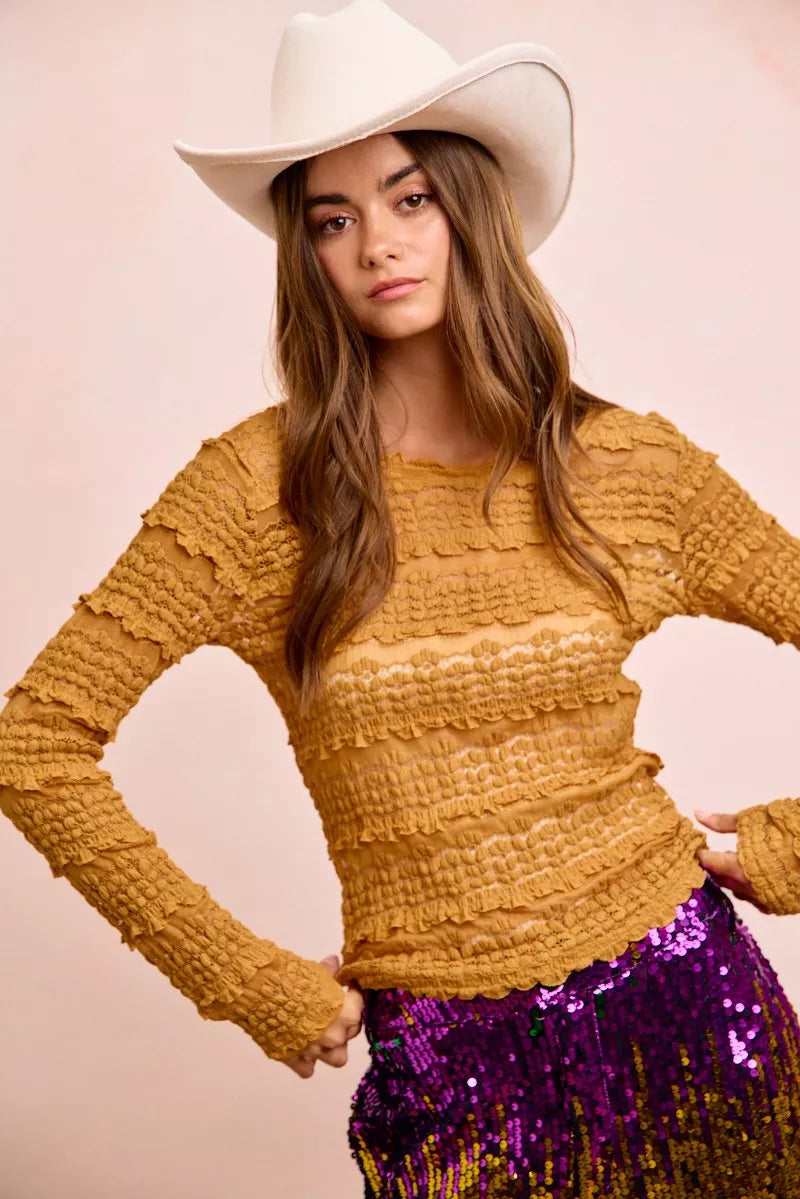 Ruffles Detail Mardi Gras Color Flower Lace Top