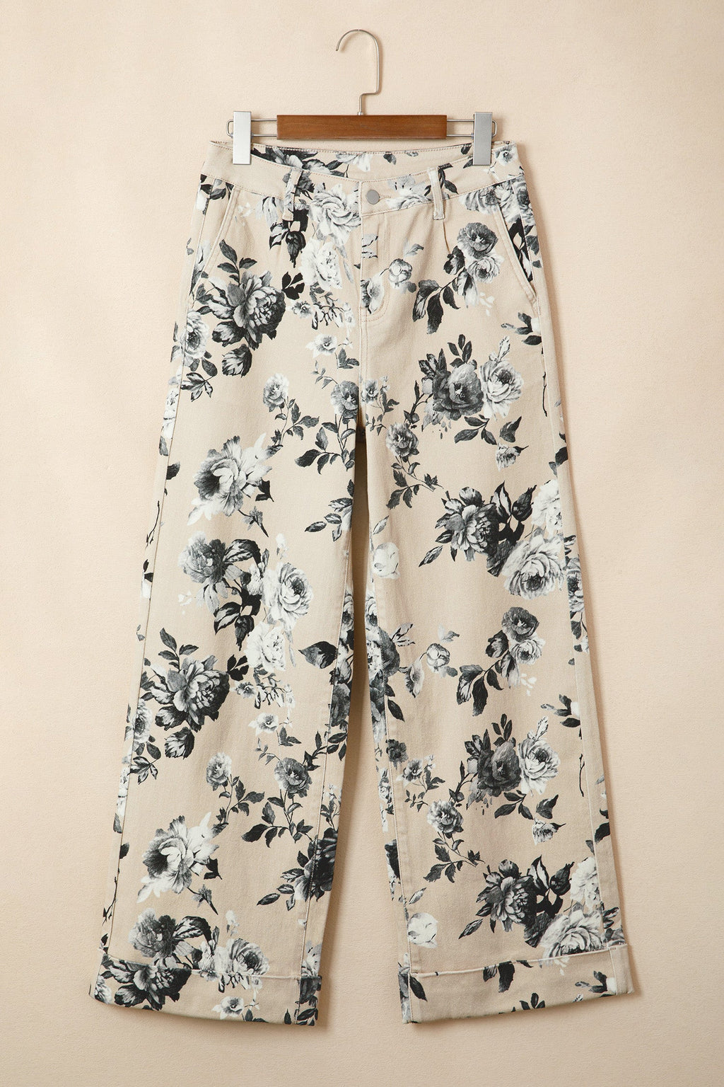 Beige Retro Floral Print Turn-up Cuffed Hem Loose Jeans