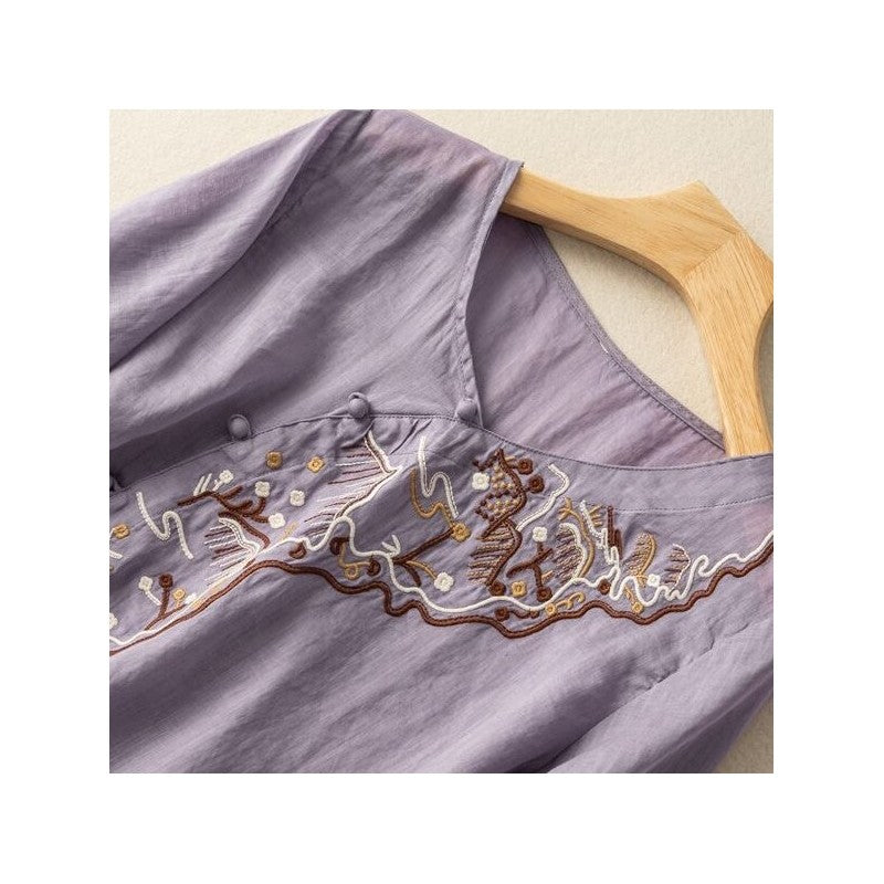 Embroidered Linen Button-Up Blouse with Half Sleeves