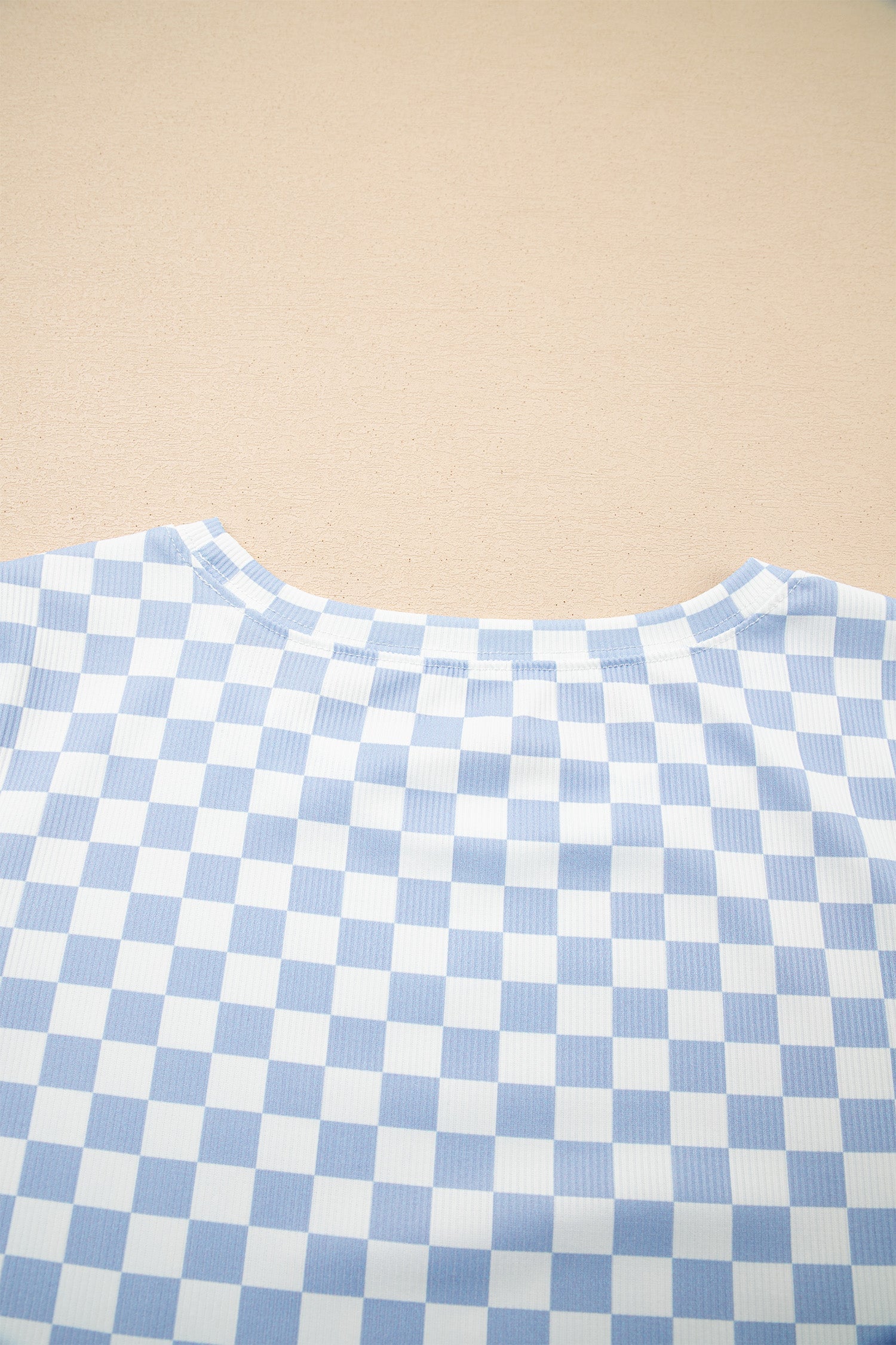 Sky Blue Checkered Ribbed Slim Fit Crew Neck T Shirt