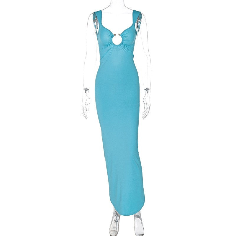 Solid Color V-Neck Backless Split Slim Fit Dress