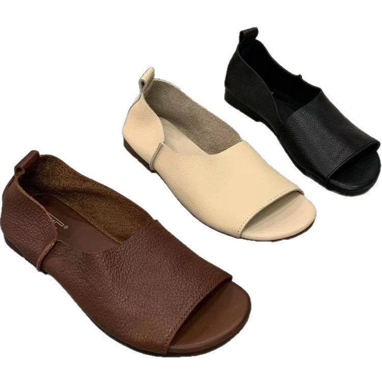 Women's Retro Handmade Soft Leather Open-Toe Sandals | Slip-On Fish-Mouth Shoes with Soft Sole