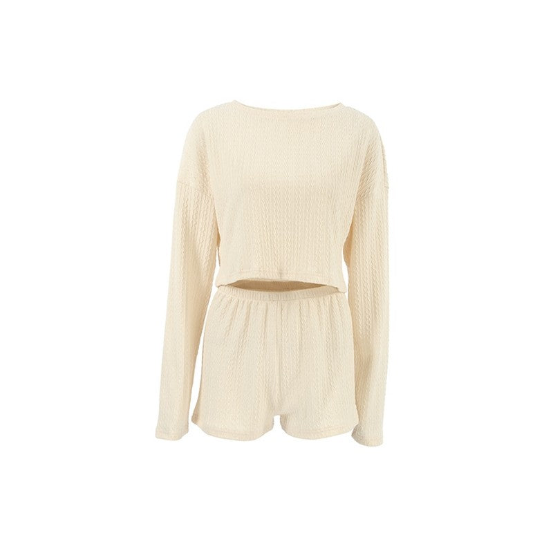 Solid Color Knit Crewneck Long Sleeve Crop Top and Shorts Set - Loungewear