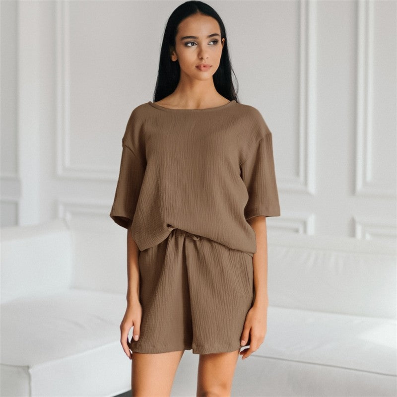 Solid Color Crewneck Short Sleeve T-Shirt and Shorts Set - Loose Fit, Lightweight Loungewear