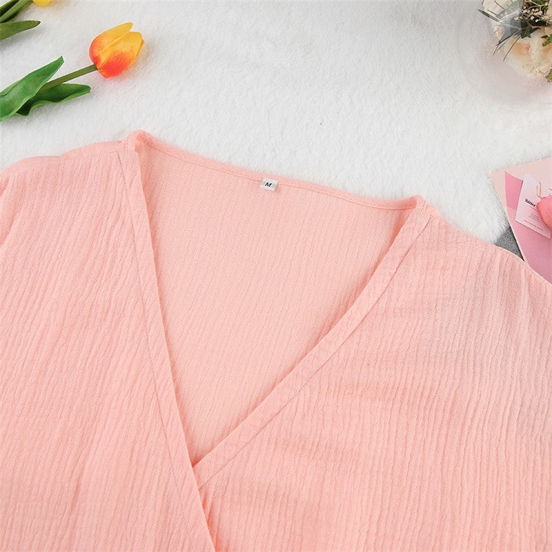 Long Sleeve Tie-Waist Solid Color Homewear Robe Pajamas