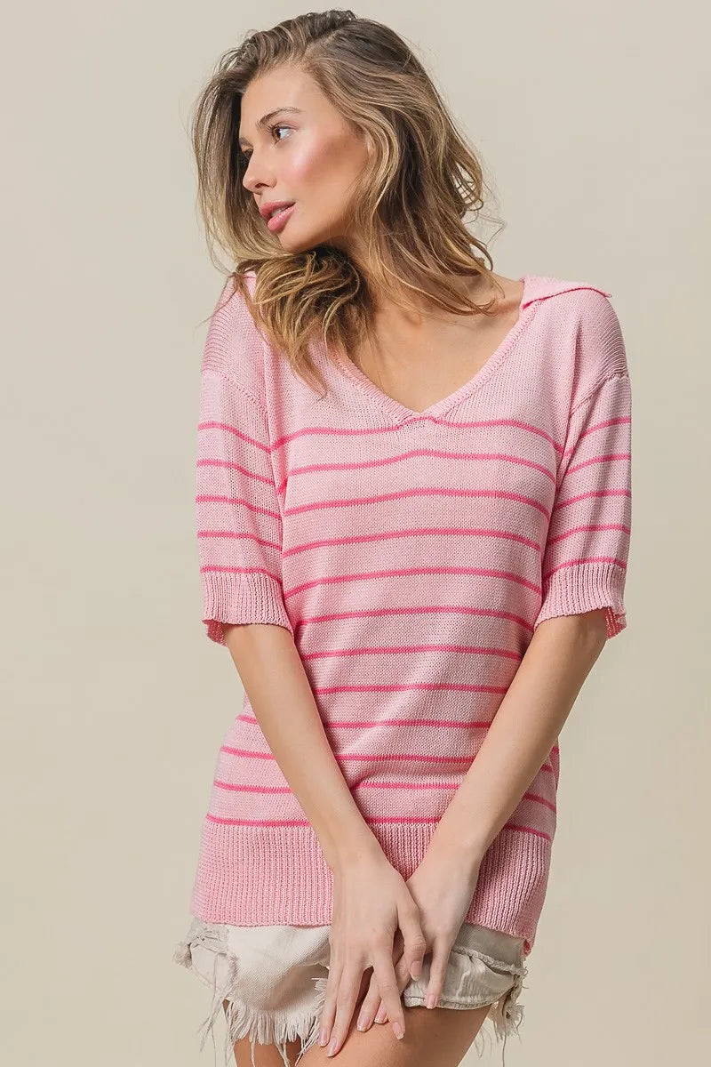 Stripe Short Sleeves Collared V Neck Top
