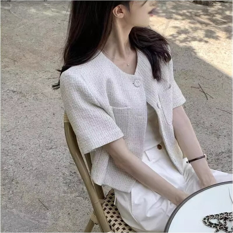 Solid Grid Short Sleeve Cardigan