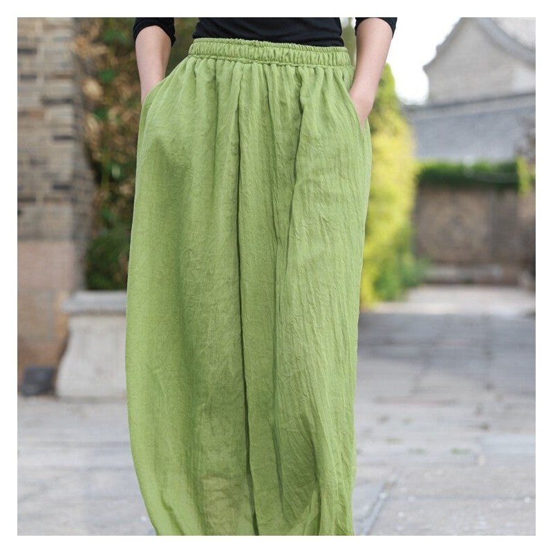 Loose Lantern Pants with Elastic Waist - Solid Color