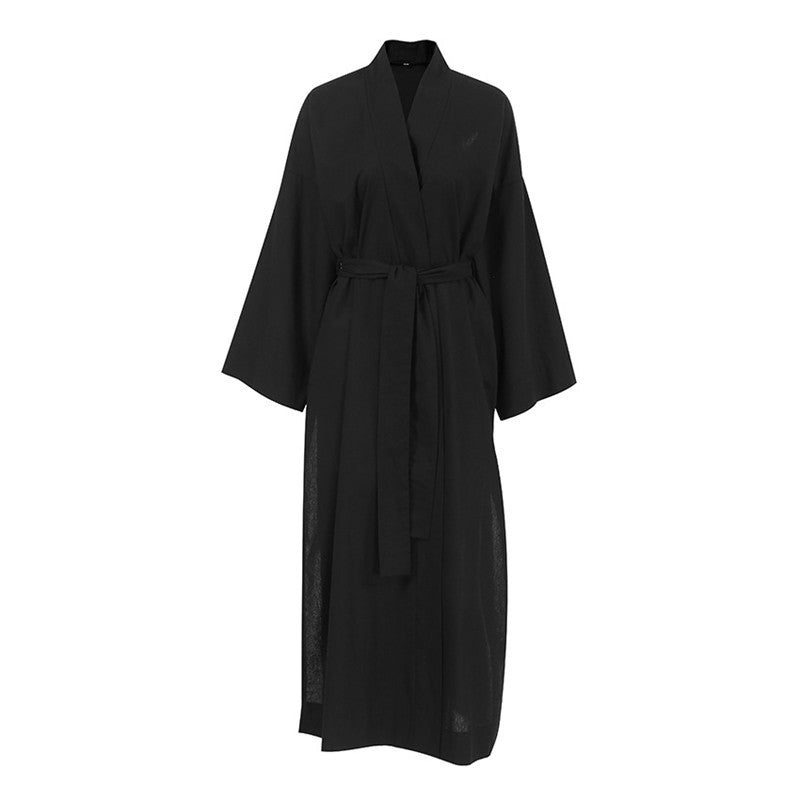 Long Sleeve Solid Color Night Gown with Waist Tie and Slit