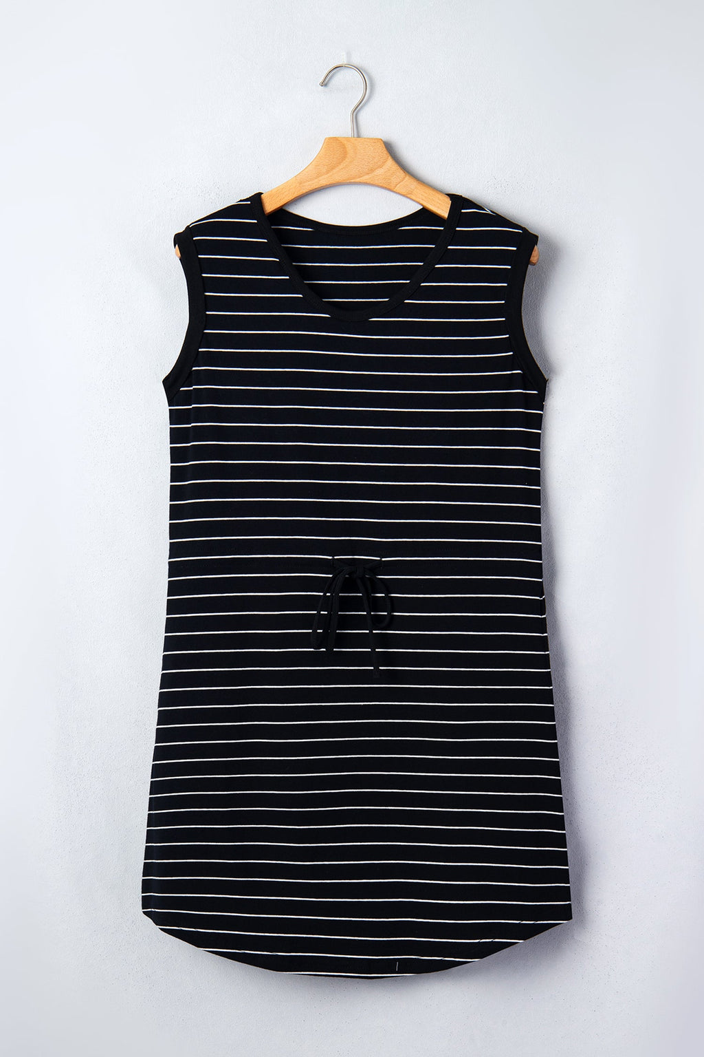 Black Stripe Drawstring Tunic Tank Mini Dress with Pockets