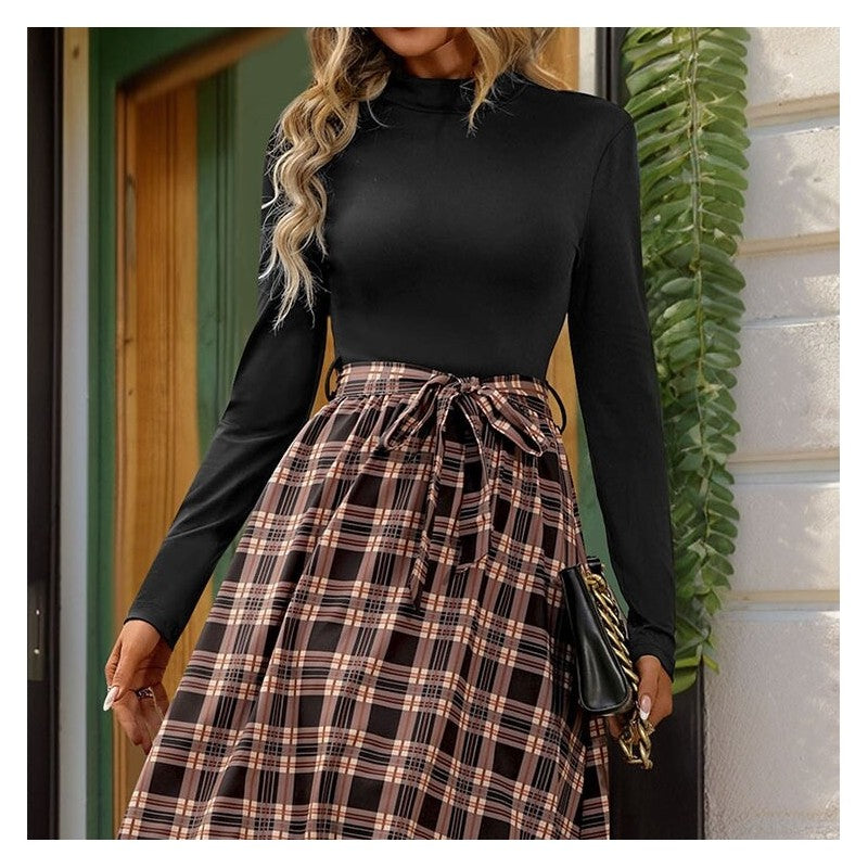 Plaid A-Line Dress with Chic Stand Collar