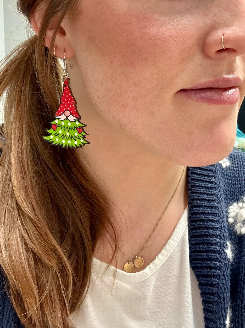 Adorable Gnome Christmas Tree Wooden Drop Earrings
