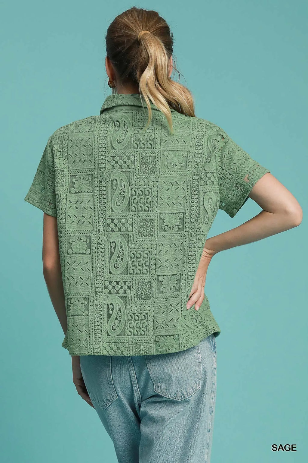 Patch Lace Short Sleeve Button Down Shirt