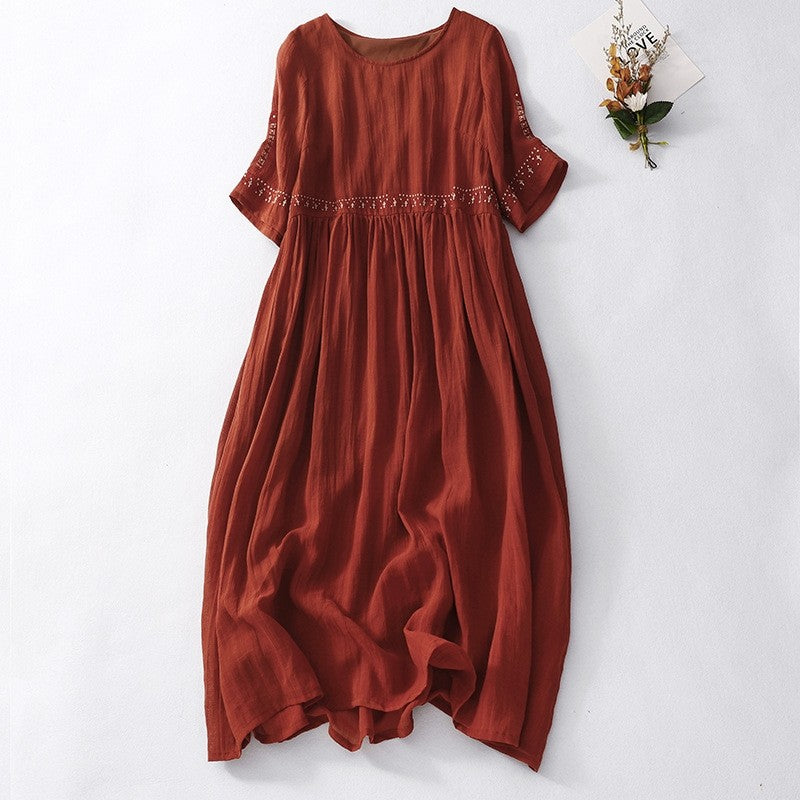Cotton Linen Embroidered Dress Loose Large Swing Round Neck