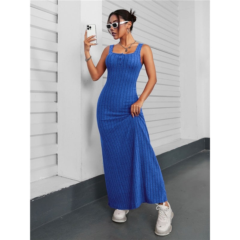 Solid Color Sleeveless Square Neck Long Knitted Dress