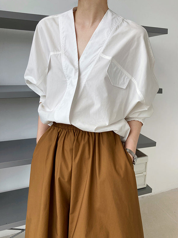 Trendy Batwing Sleeves Solid Color V-Neck Blouses