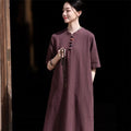 Stand Collar Short Sleeve Cheongsam Dress in Solid Color