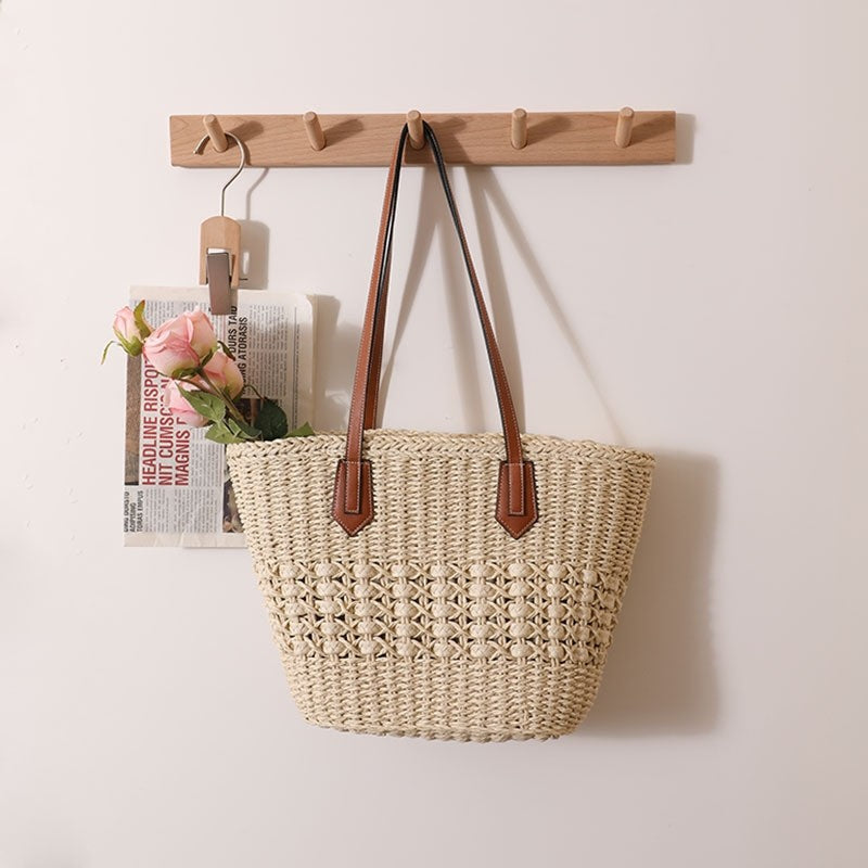 Straw Woven Tote with Hollow-Out Design and Spacious Interior
